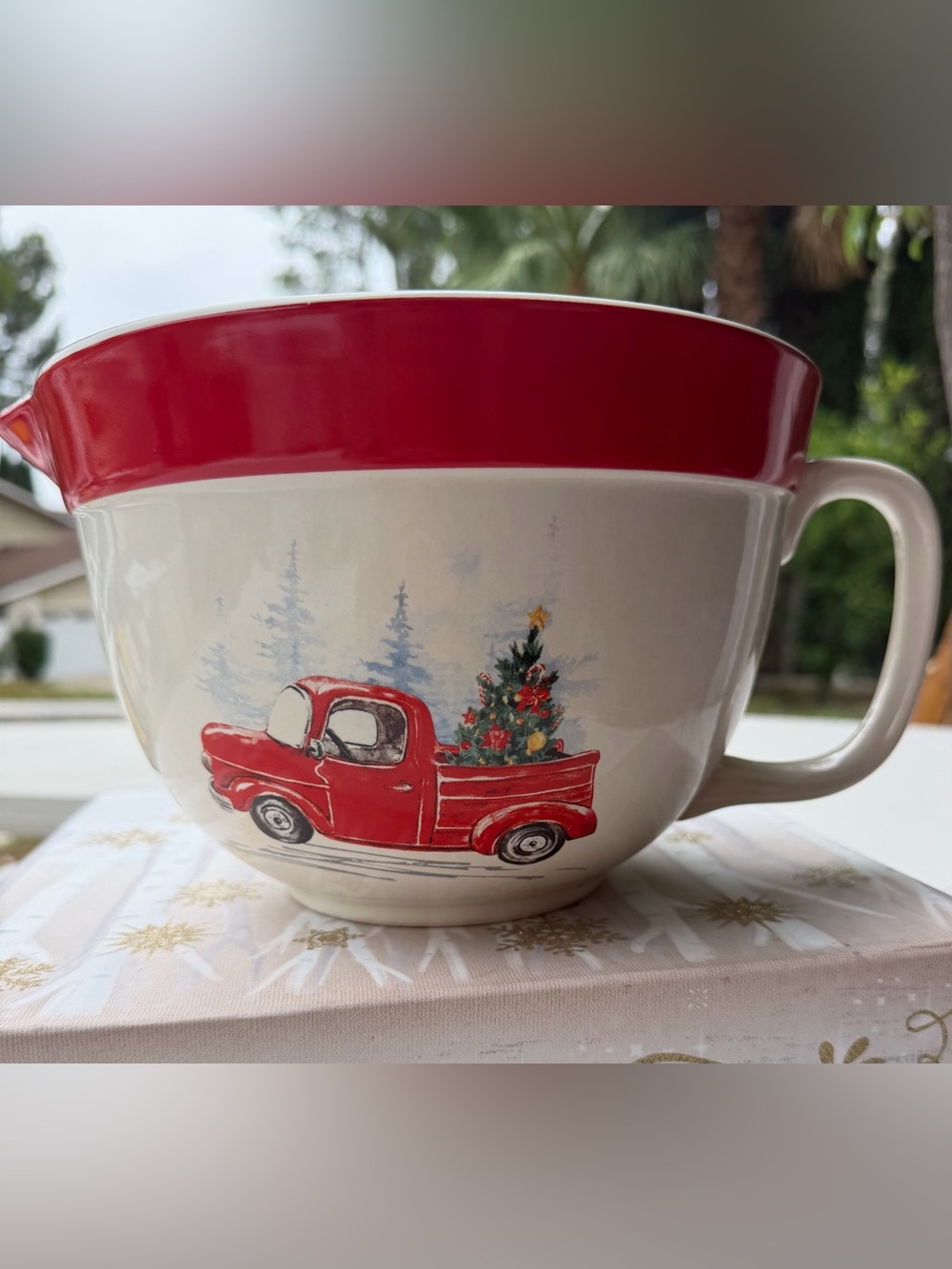 Festive Red Truck Ceramic Mixing Bowl With Pour Spout